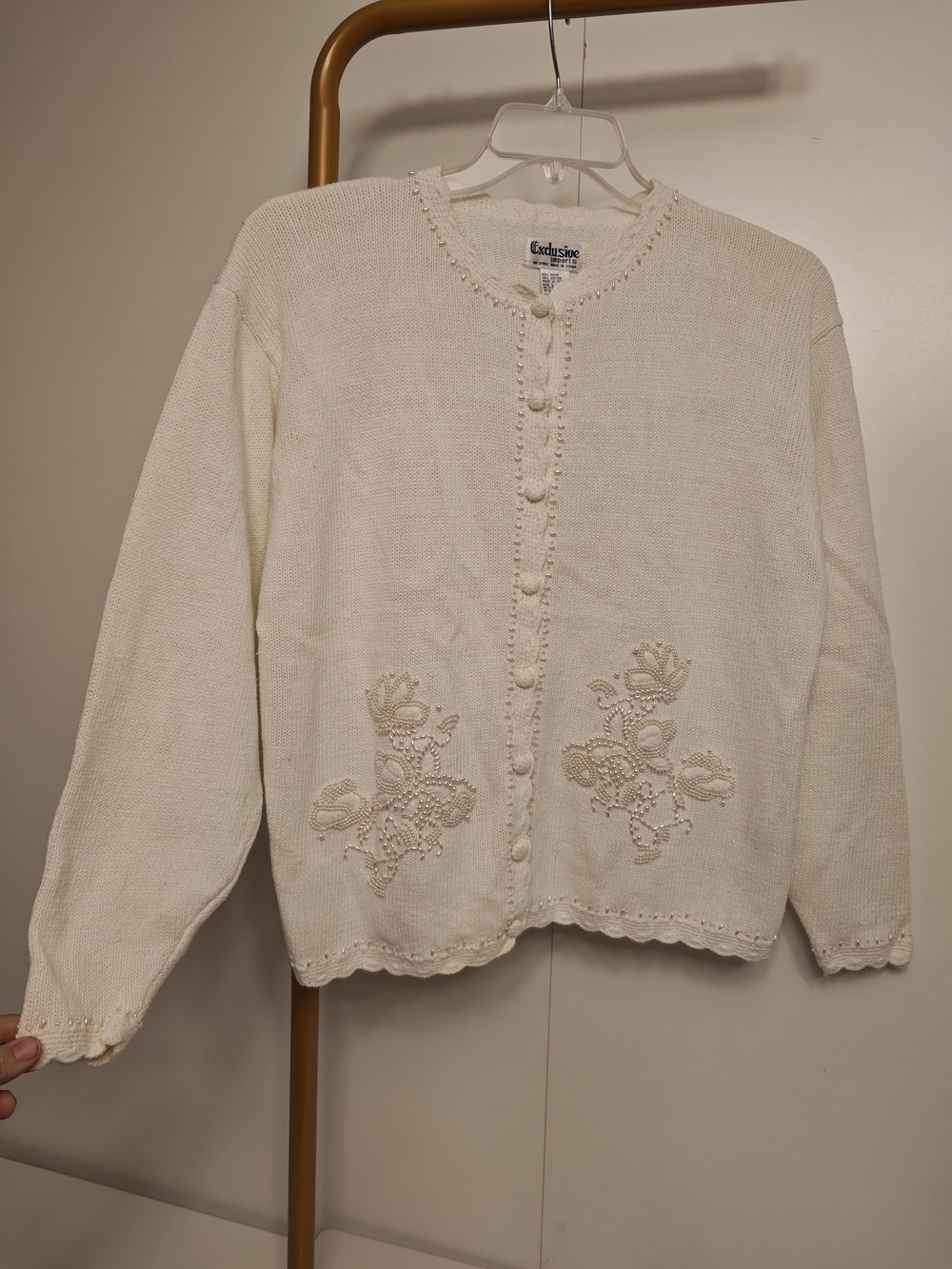 Exclusive Imports Cream Embroidered Pearl Beaded Scalloped Cardigan Sweater L